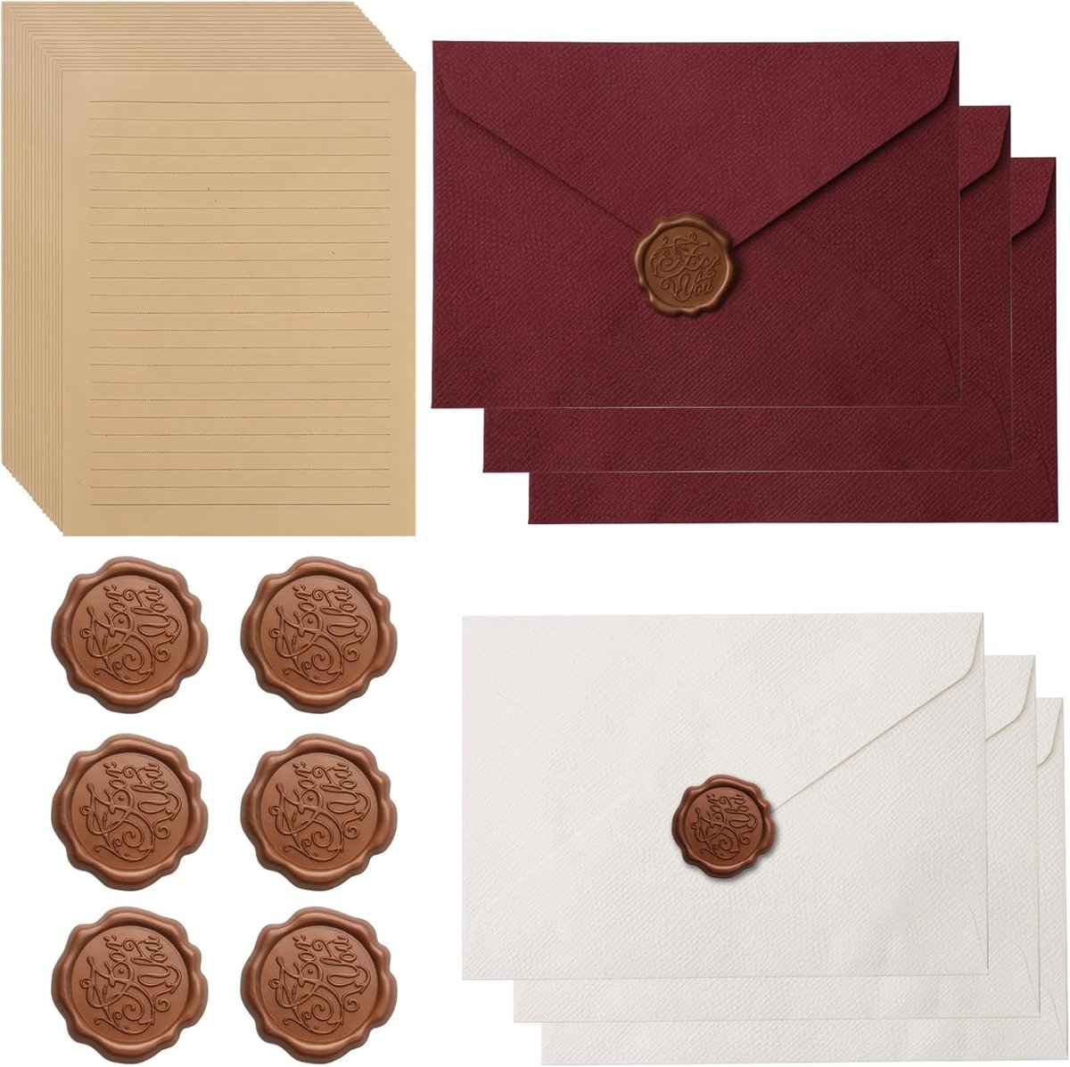 32-delige papierset vintage papieren enveloppen | Vintage kraftpapier en zegelstickers van was, voor Valentijnsdag, bijeenkomst, bruiloft, doe-het-zelf