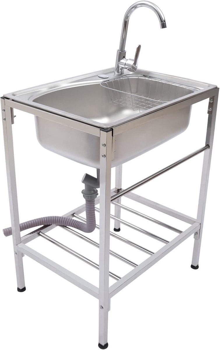 Spoelbak, spoelbak met trapas van 60 kg, 60 x 45 cm, 304 roestvrij stalen spoelbak, keukenspoelbak, 360 graden draaibare warm- en koudwaterkraan, compleet met wastafel en handschoenen