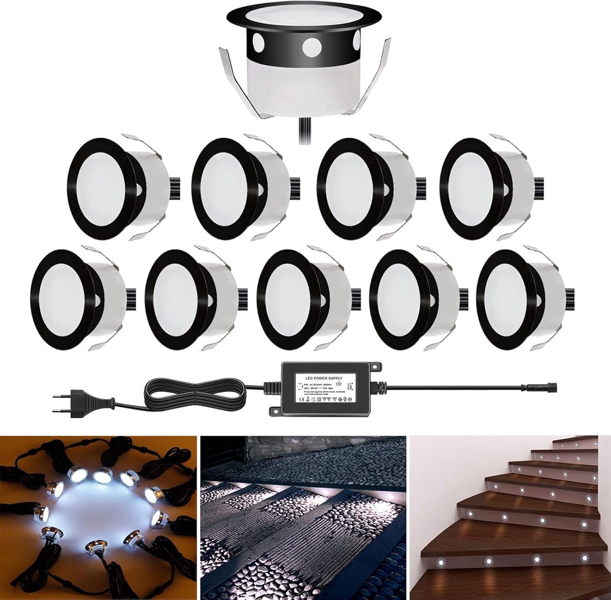Verlichting, inbouwspots voor buiten, IP67, roestvrij staal, zwart, inbouwspots voor terras, hout, plafond, 0,6 W, DC12 V, licht, led-spot, buitenlamp [koud wit, 10 set)