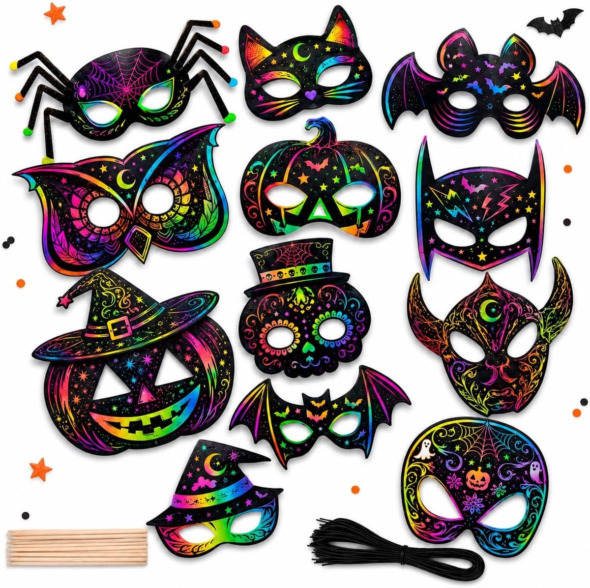 18 stuks Halloween krasafbeeldingen met linten, krabstift scratch art om te knutselen
