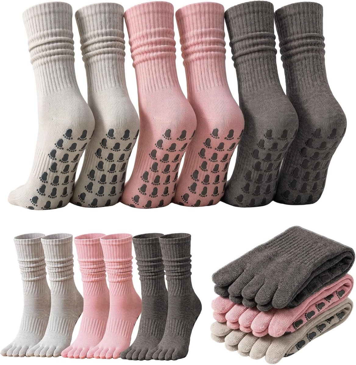 Sokken voor dames, antislip, 5 vingers, van ademend katoen, met ruches design, gripsokken voor yoga, pilates, dans, fitness en zwangerschap, 3 paar