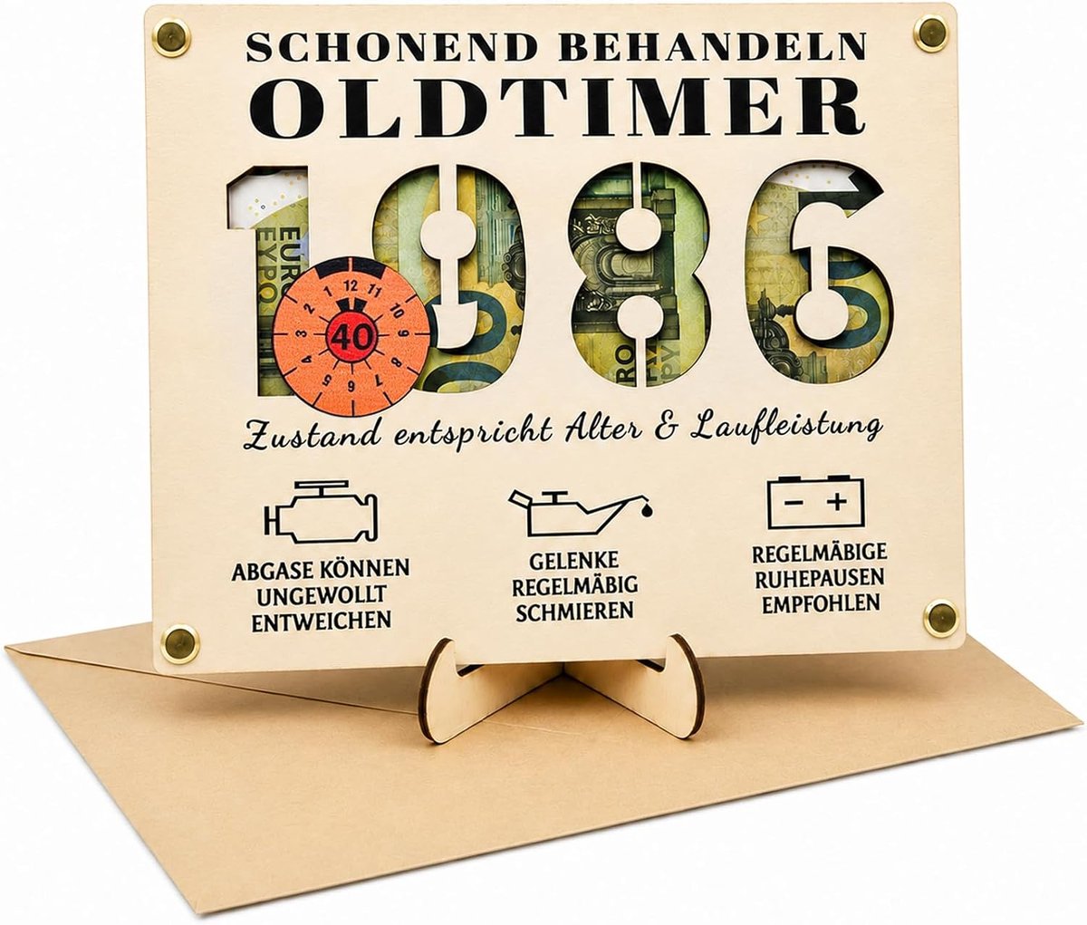 2026 Money Gift 40th Birthday Man, grappig geldgeschenk 40e verjaardag man - houten cadeau met envelop, vintage 1986 vintage auto, geldgeschenk voor de 40e verjaardag voor mannen