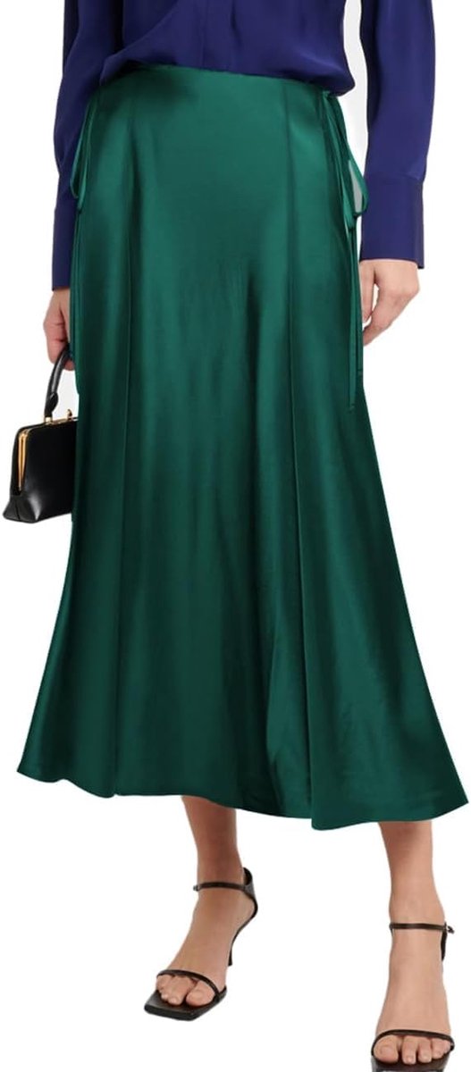Rok voor dames, lang, hoge taille, elegante zijdeachtige midi-rok, A-lijn, flared, midi-rok, business, party, vrijetijdsrok