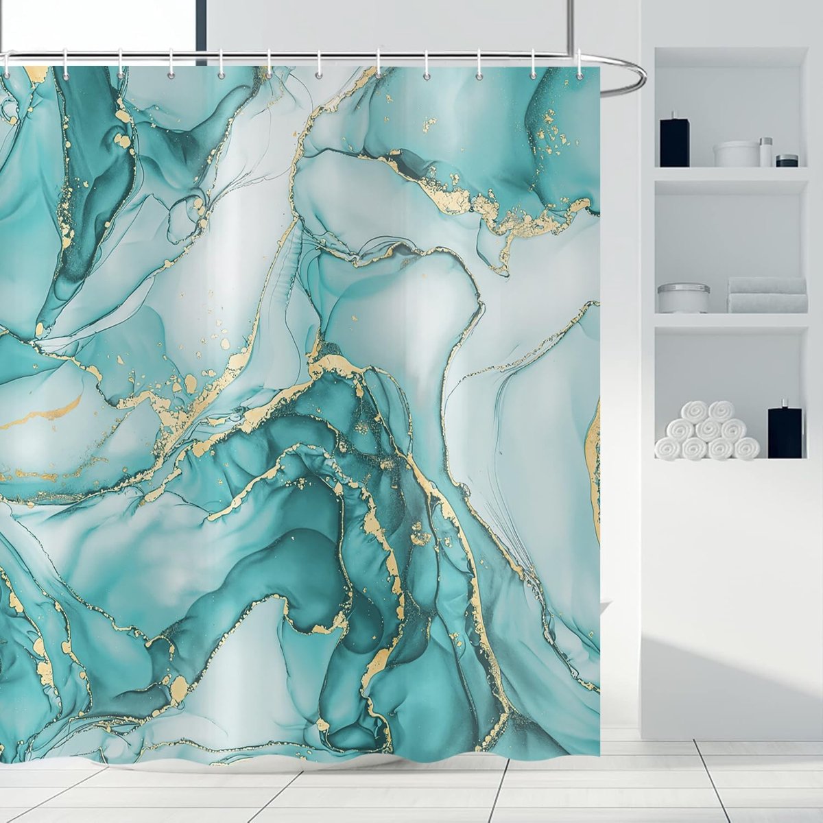 Marmer douchegordijn, 180 x 180 cm, moderne abstracte kunst, turquoise, goud, marmerlook, textuur, waterdicht, badgordijn, polyester, textiel, wasbaar, douchegordijnen voor badkuip