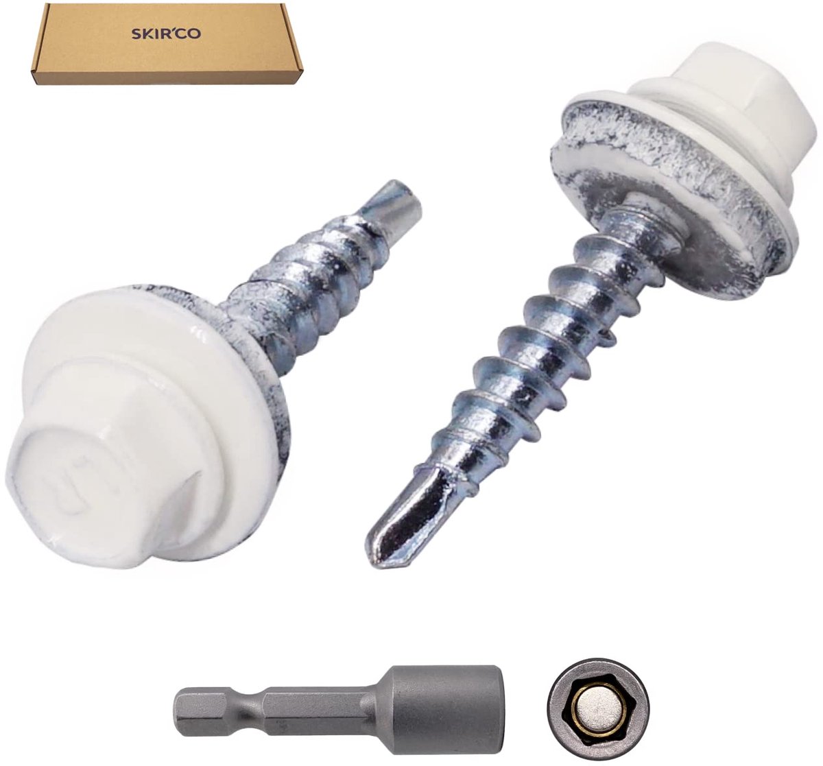 (Pack van 150 stuks) Metalen dakschroeven, 4,8 x 25 mm geschilderde zelfborende schroeven met EPDM-ringen, plaatwerk zeskantschroef (150, puur wit RAL 9010)