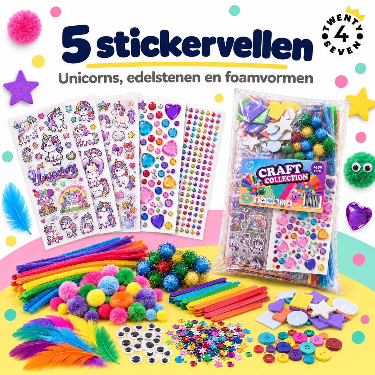 Twenty4seven® Knutselset 1450 Delig - Knutselpakket met Pompons, Pailletten en Stickervellen - Knutselen voor Meisjes en Jongens vanaf 5 Jaar - Speelgoed en Cadeau — afbeelding 6