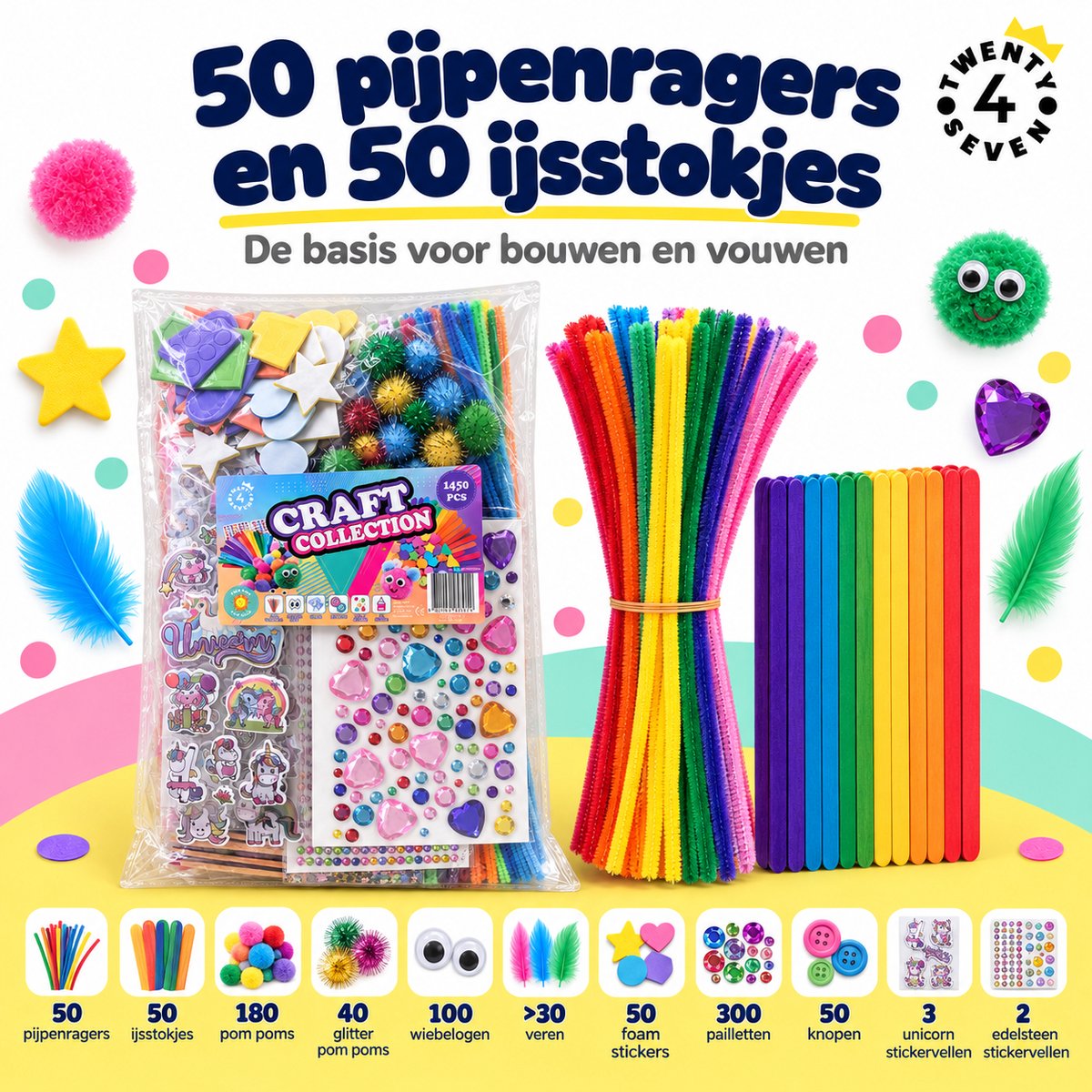 Twenty4seven® Knutselset 1450 Delig - Knutselpakket met Pompons, Pailletten en Stickervellen - Knutselen voor Meisjes en Jongens vanaf 5 Jaar - Speelgoed en Cadeau — afbeelding 4
