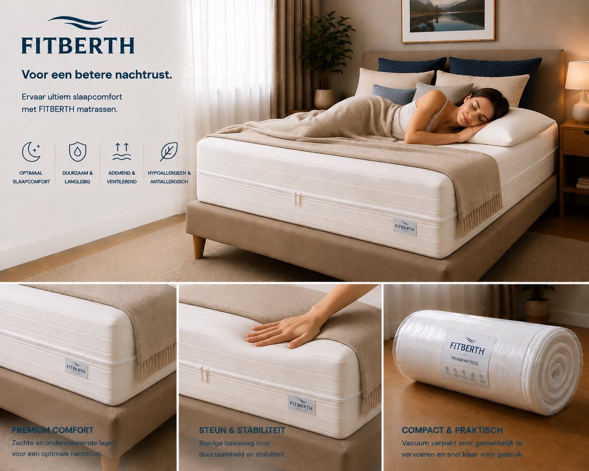 FITBERTH 120x200x16 Matras - Medium - HY33 - Premium - Orthopedisch Verantwoord - Ventilerend - Ergonomische Ondersteuning - Afritsbaar - Wasbaar wit