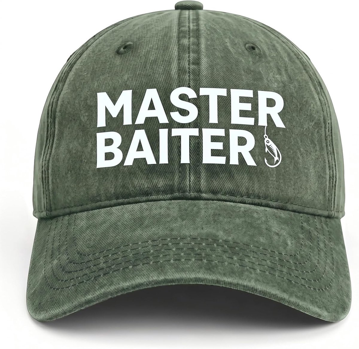 Cadeaus voor mannen, grappige baseballpet voor heren, legergroen, gewassen, Vaderdagcadeau voor papa en opa, hengelaccessoires en visserscadeau met Master Baiter-opdruk