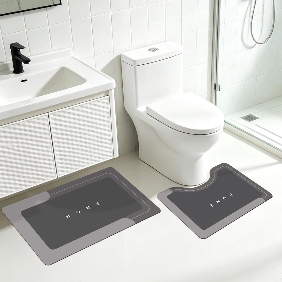 2-delige Badmat Absorberende, Antislip U-vormige Toiletmat Douchemat, Sneldrogende Badkamertapijt voor Douche, Toilet en Badkuip，Grijs：2 PCS Set