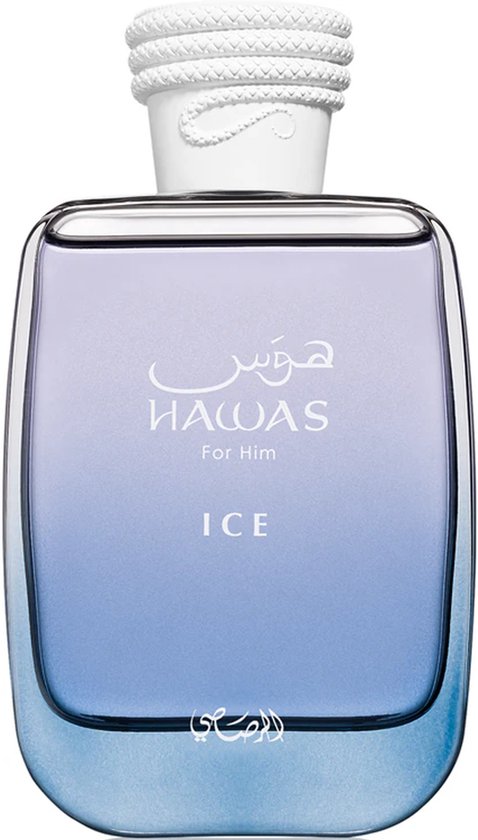 Rasasi Hawas Ice for Him Eau de Parfum 100 ml fles met een blauw-paarse gradiënt en witte dop.