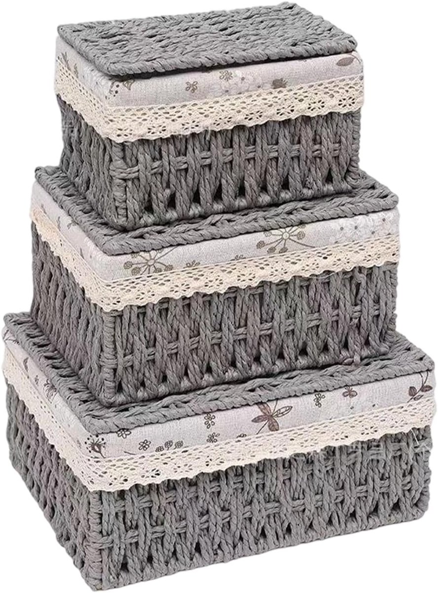 Opbergmanden Set van 3 met Deksel, Geweven met Voering, Ideaal voor Badkamer, Keuken en Slaapkamer, Rieten Mand voor Speelgoed en Organisatie
