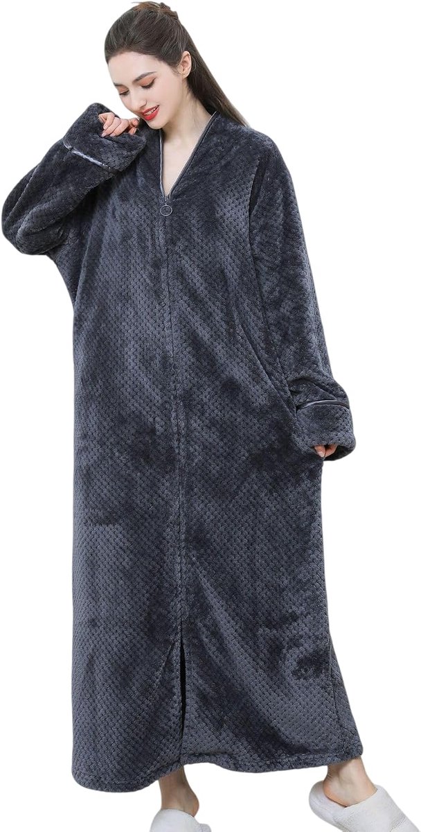 jas met capuchon en ritssluiting voor dames, effen kleur, lange lengte, enkellang, winterwarme pyjama