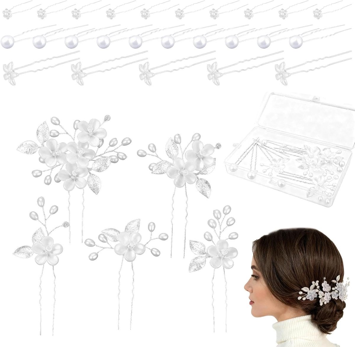 30 stuks haaraccessoireset voor bruiloft, haarclip voor bruiloft, kralen en bloemen, met opbergdoos, voor bruid, bruidsmeisjes en gasten (4 stijlen)