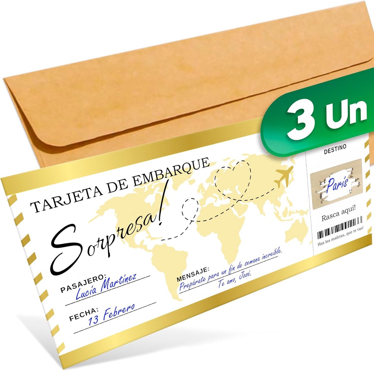 Verrassingsreis, kraskaart, cadeaus voor reizigers, instapkaart, gepersonaliseerd cadeau, romantisch cadeau (3 stuks, Spaans)