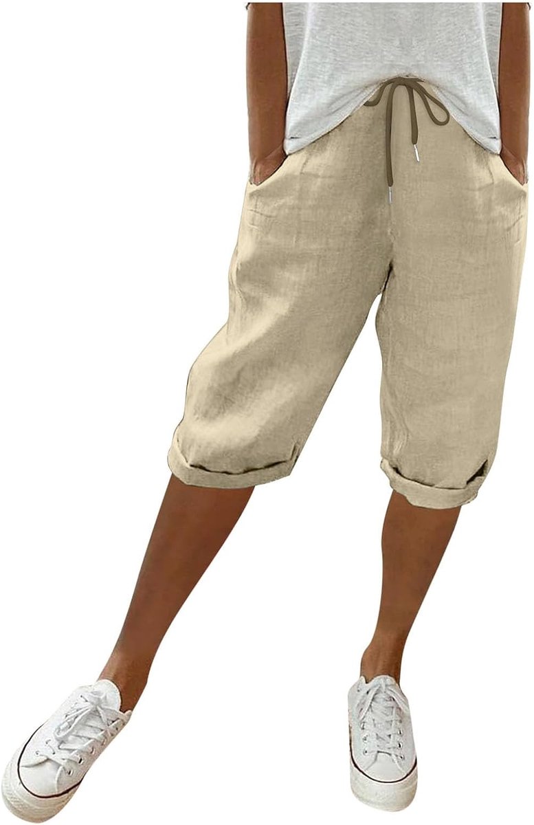 Linen damesbroek, zomer, knie lang, elastisch, hoge taille, blauw, casual