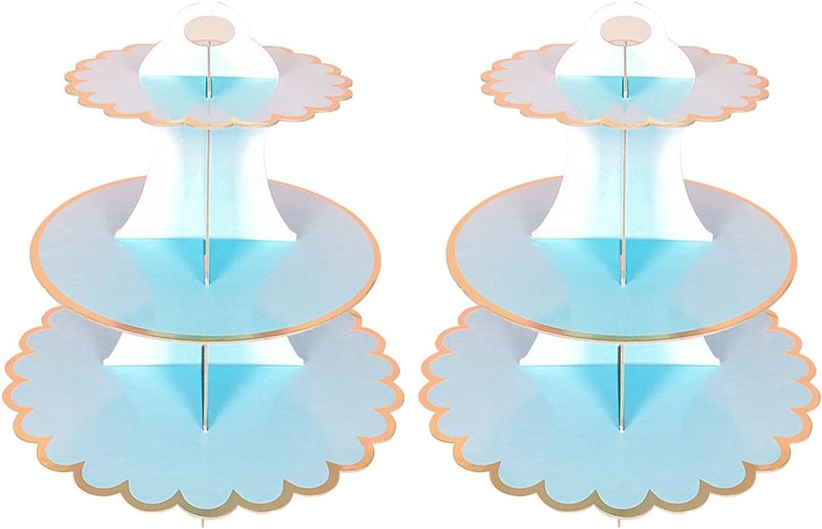 2 PACK Kartonnen Cake Stand, 3 Tier Papier Dessert Ronde Cupcake Houder Toren Wegwerp Gebak Stand voor Verjaardag, Thee, Bruiloft Feest Verjaardag Doop Fruit Desserts Display (Blauw)