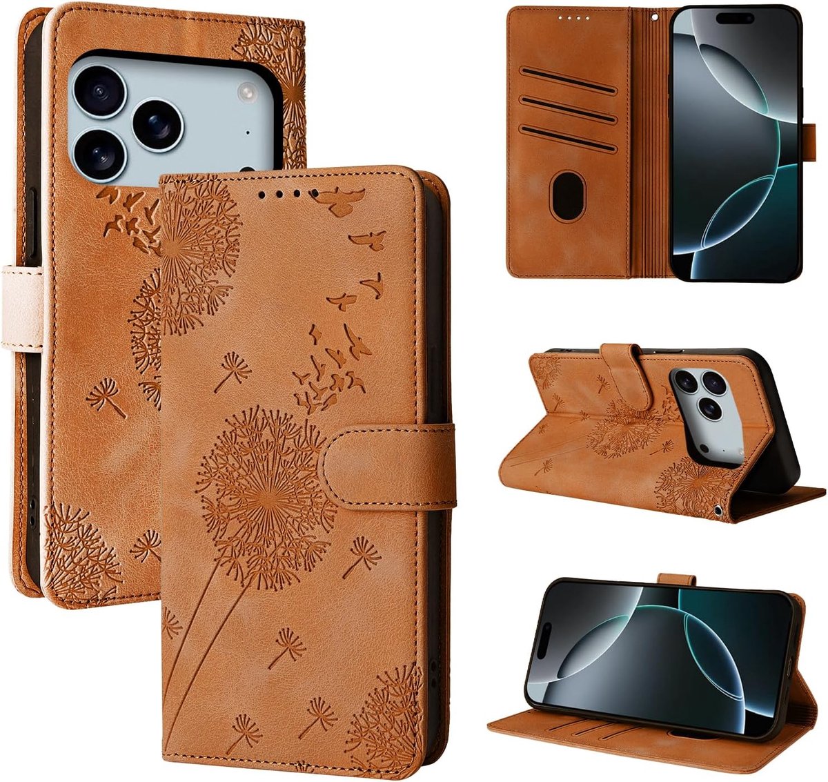 Hoes voor mobiele telefoon voor iPhone 17 Pro Max 6,9 inch (17 cm), paardenbloem, PU-leren flipcase, portefeuille, tas, hoes, magnetische telefoonhoes voor iPhone 17 Pro Max 6,9 inch, bruin