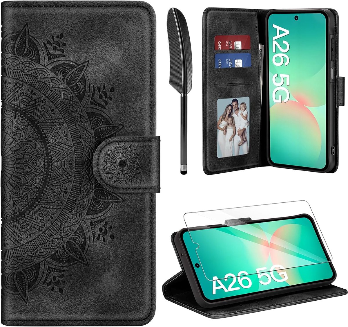 Ivencase Leren hoes voor Samsung Galaxy A26 5G, hoes en screenprotector, premium inklapbare telefoonhoes flip wallet, [kaartvak] [PU leer] [standaard] beschermhoes compatibel met Samsung A26 5G, zwart