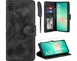 Ivencase Leren hoes voor Samsung Galaxy A26 5G, hoes en screenprotector, premium inklapbare telefoonhoes flip wallet, (kaartvak) (PU leer) (standaard) beschermhoes compatibel met Samsung A26 5G, zwart
