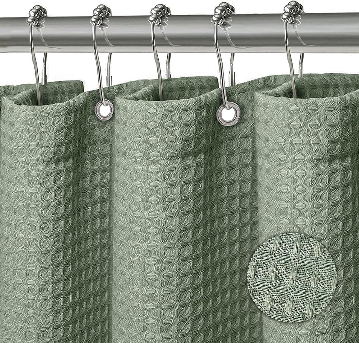 Douchegordijn, wasbaar, textiel, polyester stof, badgordijn met 12 metalen douchegordijnringen, waterdicht, voor douche en bad, 180 x 200 cm, wafelgroen