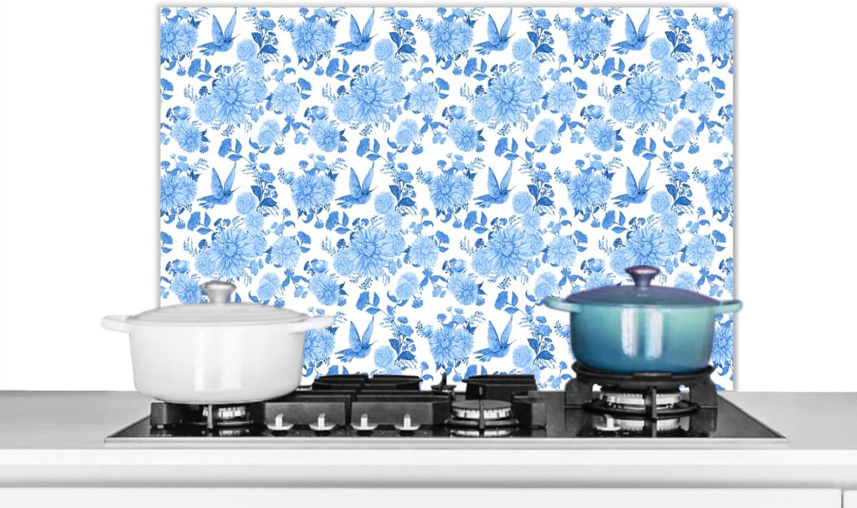 Spatscherm Keuken - 90x60 cm - Bloemen - Patroon - Blauw
