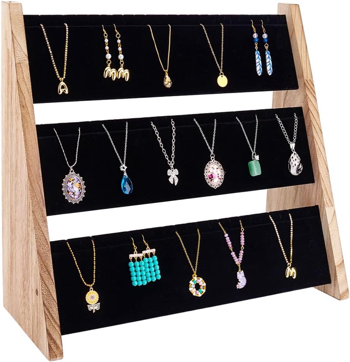 Dailygoods- Sieraden Display 3-laags - Houten Houder - Zwart Fluweel - Grote Capaciteit - Tot 72 Kettingen - 40,5 cm x 36,5 cm x 16,2 cm - Kettinghoud