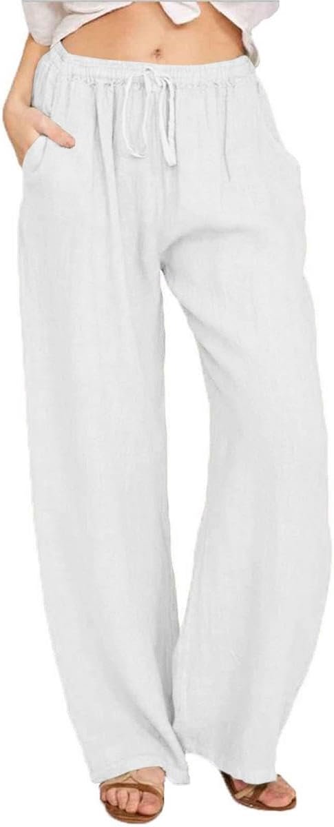 Zomerbroek voor dames, vrijetijdsbroek, lang, licht, katoen, linnen broek, casual, wijde broek, casual, zomer, strandbroek, effen, met trekkoord, losse stoffen broek, elegante linnen broek