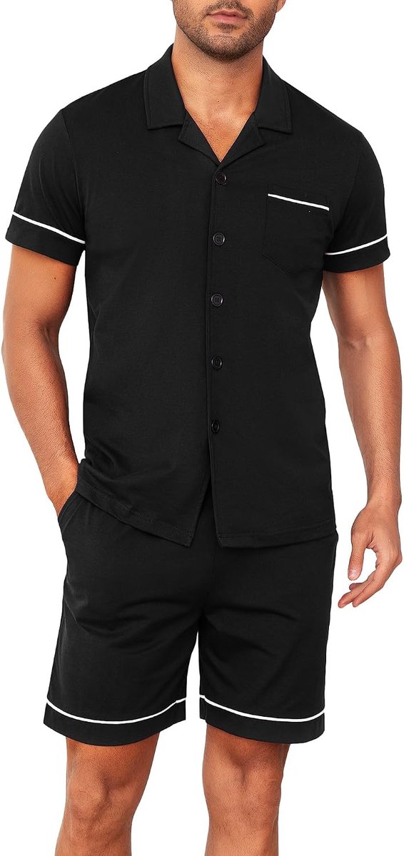 pyjama voor heren, 100% katoen, met knopen, lichte zomerpyjama met korte mouwen en korte broek, comfortabel voor thuis, op reis en ontspanning