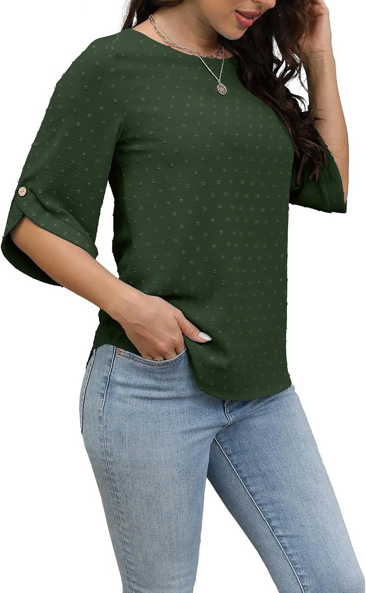 Blouse voor Dames, Ronde Hals, Modieus Casual T-shirt met 3/4 Mouwen Loose Elegant Top Zomer