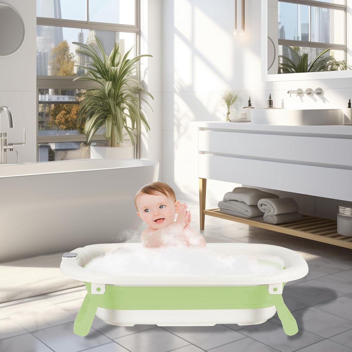 Babybad, thermaal babybad, opvouwbaar kussen, kinderbad geschikt voor pasgeborenen tot peuters, met badplank, 43 x 71 x 18,5 cm, groen