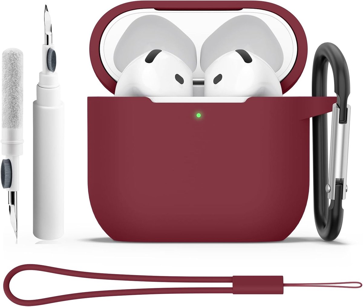 Beschermhoes voor AirPods 4 2024 met reinigingsset, 2 mm ultradunne schokbestendige siliconen beschermhoes, 4-in-1 accessoires voor Apple AirPods 4e generatie met karabijnhaak en koord