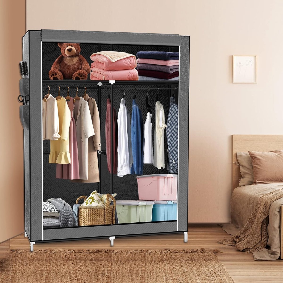 Kledingkast, kledingkast, slaapkamer van vliesstof, organizer voor slaapkamer, kleedkamer, textiel, 170 x 45 x 108 cm, grijs