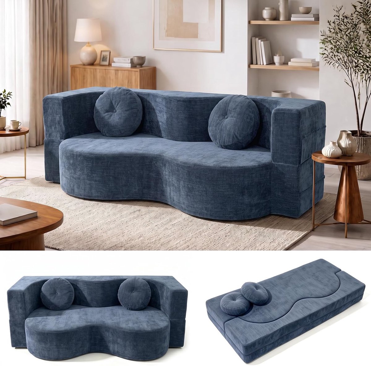 Bank, converteerbare slaapbank voor de woonkamer, gecomprimeerde loveseat met hoogdichtheidsschuim, afneembare geweven stof, geen montage vereist, met 2 kussens (blauw, 150 x 100 cm