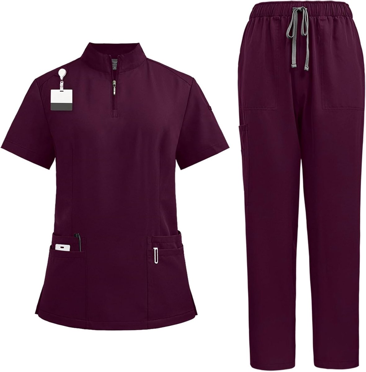 Set voor Vrouwen Staande Kraag Rits Top met Vier Zakken Stretchy Yoga Broek Medische Zorg Werk Uniform Schoonheidssalon DK50