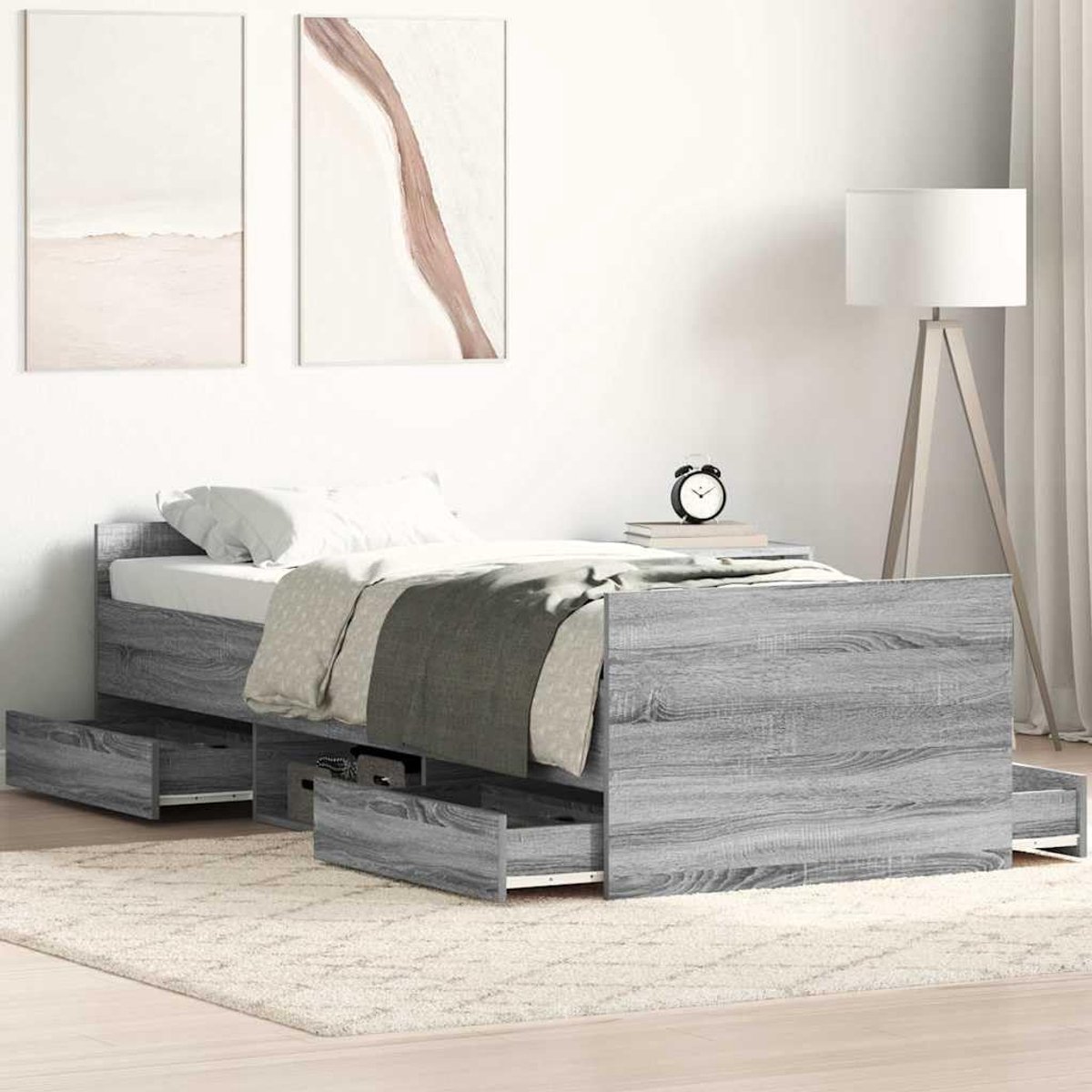 Houten bedframe Met lades en schappen Extra lang 90x200 cm grijs