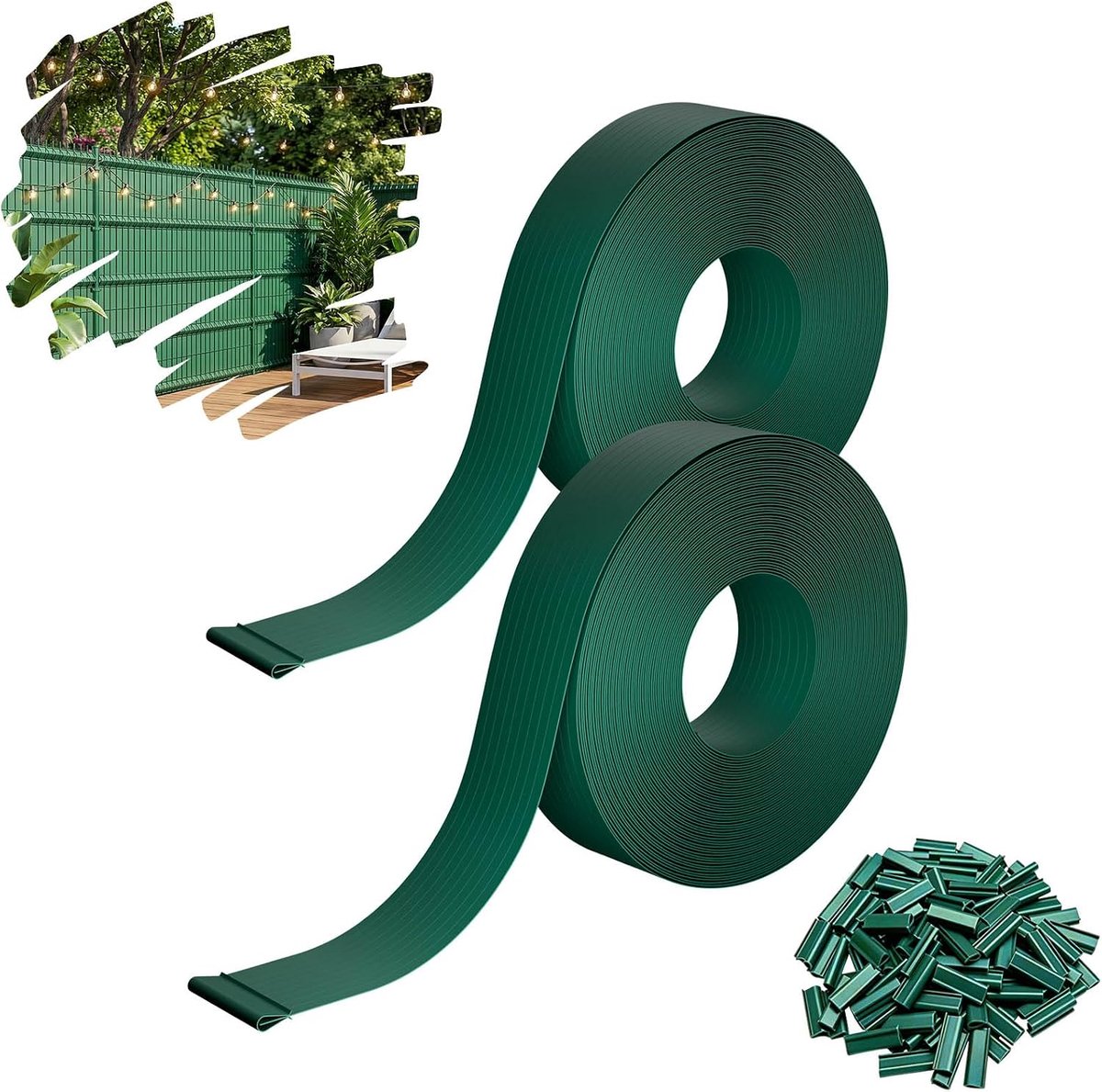 Pvc-zichtwerende stroken, 105 m, 4,7 cm, voor dubbelstaafmatten, weerbestendig, uv-bestendig, scheurvast, ondoorzichtig, windscherm voor tuin, balkon, terras, inclusief clips, groen