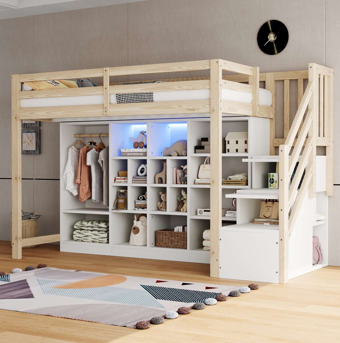 WUVRIE Hoogslaper 90x200 cm met opbergruimte, kledingkast, ladder en LED-verlichting, wit/houtkleur