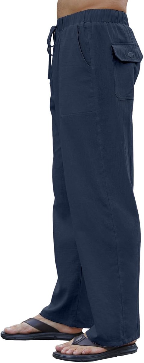 Linnen herenbroek, lange zomerbroek, licht en ademend, rechte pijpen met elastische tailleband, broek met zakken en trekkoord, casual strandbroek