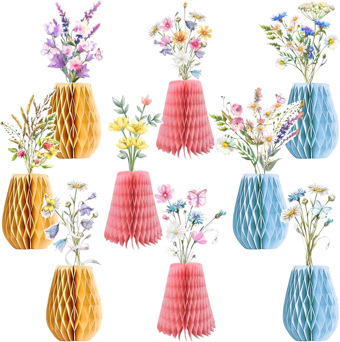 Tafeldecoratie, honingraat, bloemen, honingraatballen, tafeldecoraties, verjaardag voor zomerfeest, babyshower, bruiloft, feest