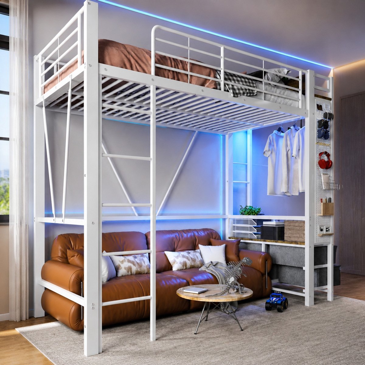 WUVRIE Hoogslaper 90 x 200 cm met 4 lades, LED, USB en Type-C, metaal en MDF, wit
