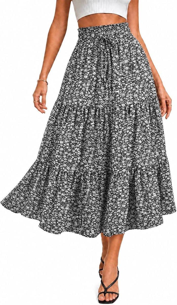 Bloemenrok voor Dames, Zomerse Boho Midi Rok met Volants, Elastische Taille, Licht en Zwierig, Casual Strandrok