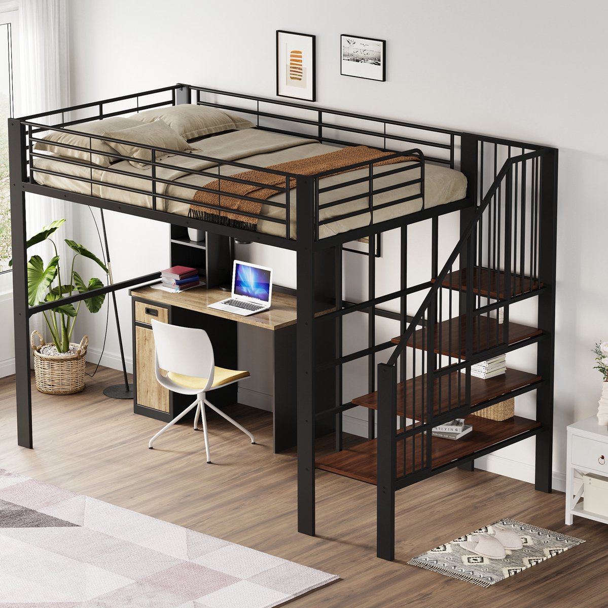 WUVRIE Hoogslaper 140x200 cm met trap en ruimte onder bed, metalen bedframe voor kinderen en volwassenen, zwart