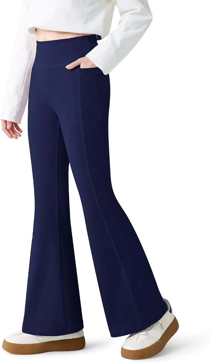 meisjeslegging met 2 zakken, flared yogabroek, elastische sportbroek, ademende sportbroek met hoge taille, sportlegging, sportkleding voor kinderen van 7-15 jaar