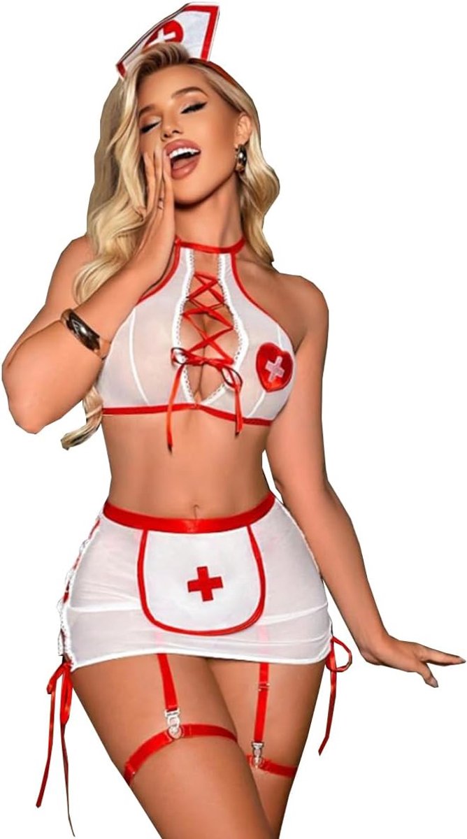 verpleegsterkostuum voor dames, dienstmeisje, outfit, cosplay, lingerieset van mesh bovendeel en rok met kousenband