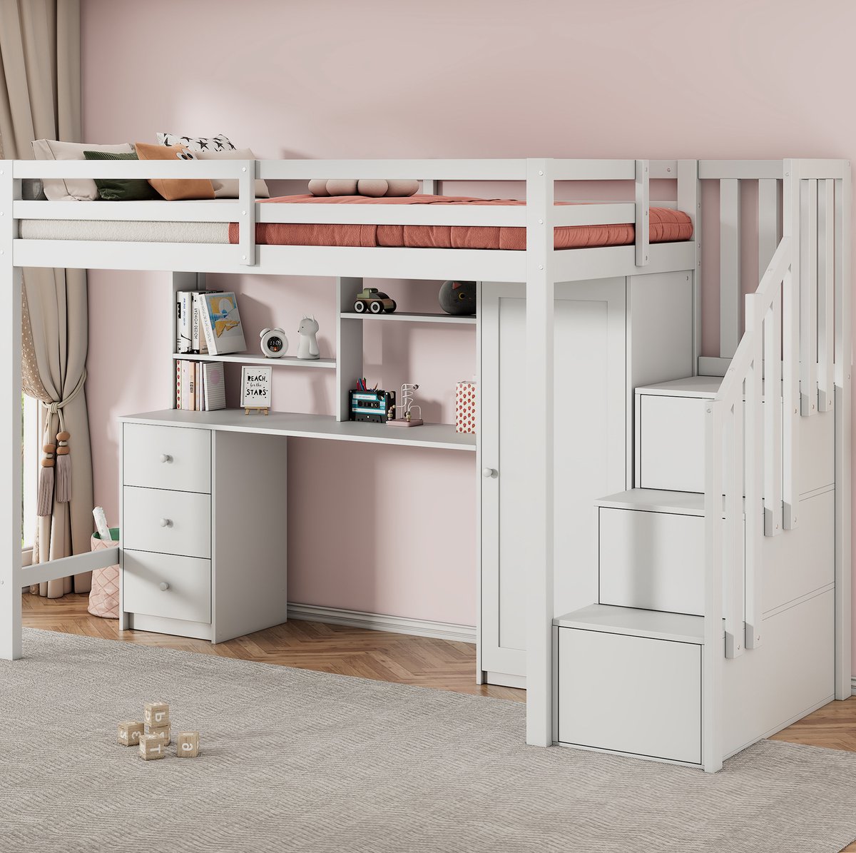 WUVRIE Kinderstapelbed 90x200 cm met bureau, kledingkast, trap met opbergruimte en lades, wit