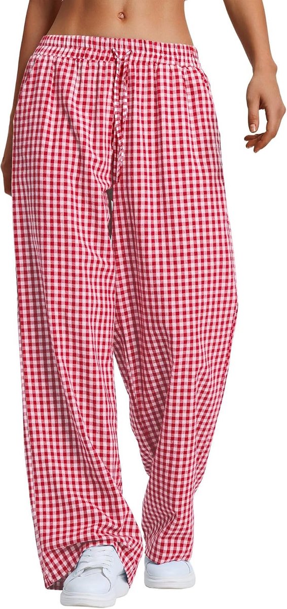 Pyjamabroek voor dames, geruit, lang, zomer, katoen, trekkoord, slaapbroek, zachte vrijetijdsbroek met zakken