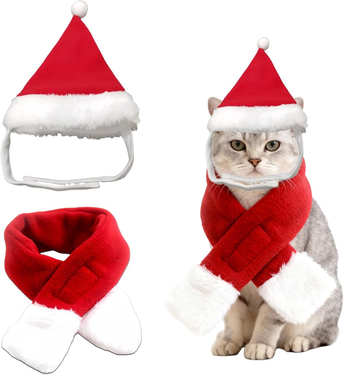 Kerstkostuum voor honden en katten, kerstkostuum voor honden en katten, kerstmuts en sjaal, huisdierenkleding, sjaal, Kerstmis, kattenmuts, kleine huisdieren, kleine kostuum, decoratie, kattenkostuum