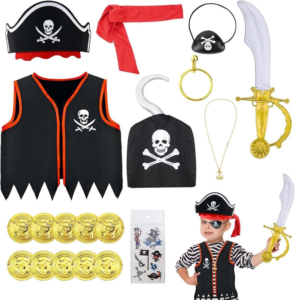 Piratenkostuum voor Kinderen met 18 Accessoires, Inclusief Piratenhoed, Voor Jongens en Meisjes, Carnaval en Feestjes