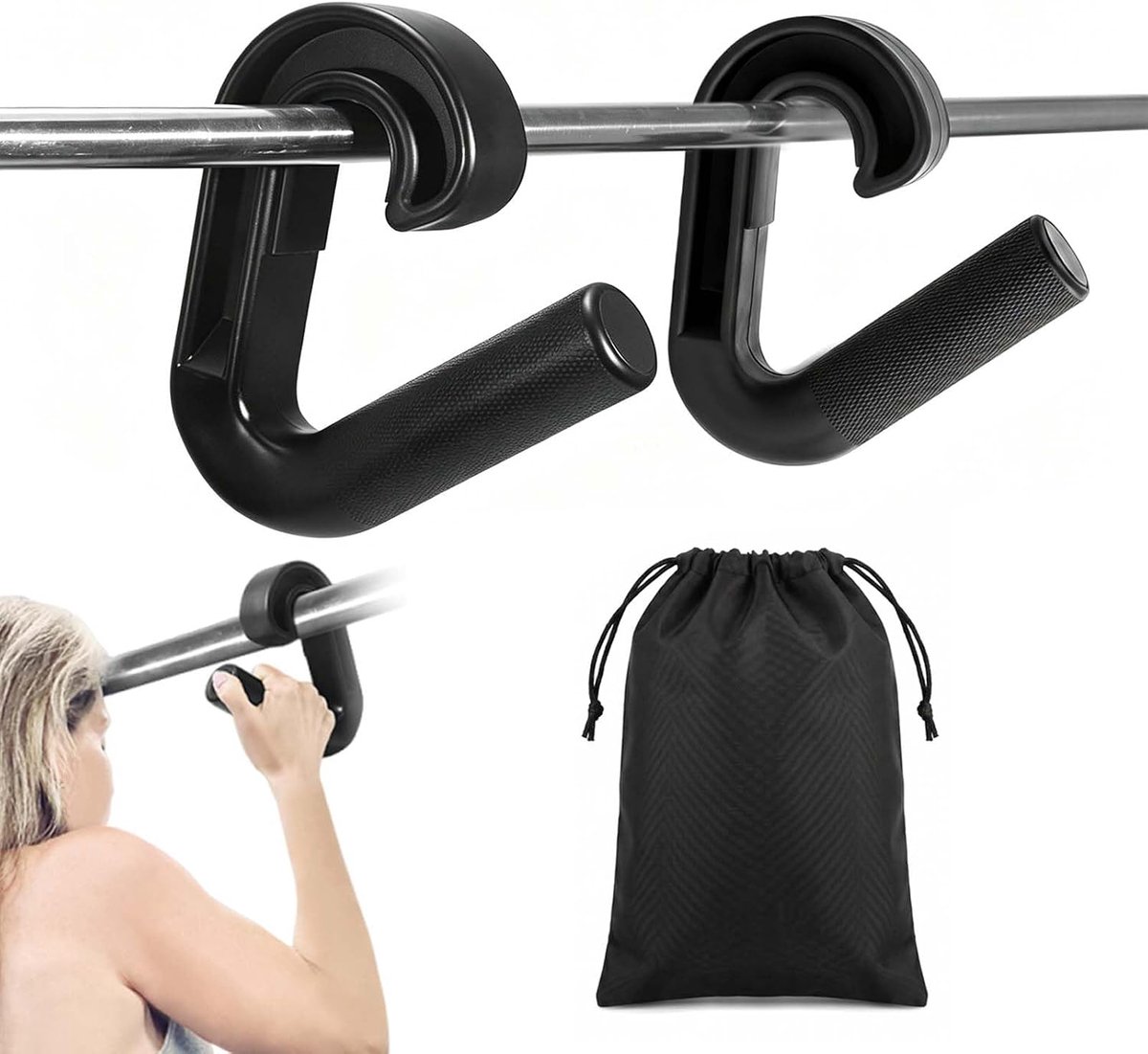 2 stuks neutrale handgrepen voor optrekstangen, 90 graden pull-up handles met opbergtas, fitnessgrepen, dubbele D, draagbaar, neutrale handgreep, voor fitness, zwart